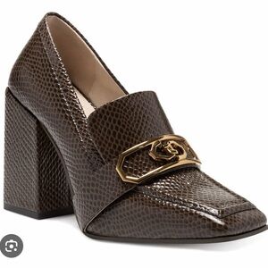 Louise et Cie Olisa Brown Patent Lizard-Embossed Block Heel Loafer 7.5